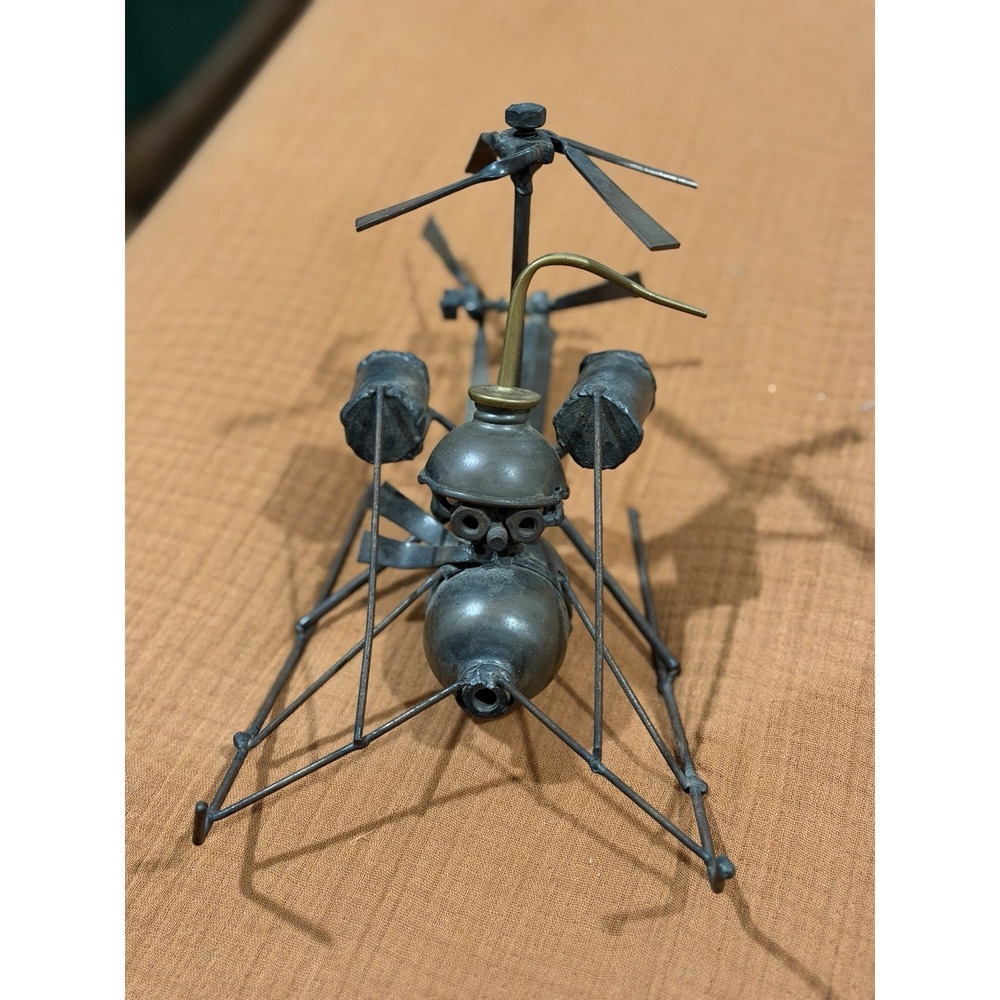 Vintage Signed John Duffy Scrap Metal Helicopter Art Sculpture 1970